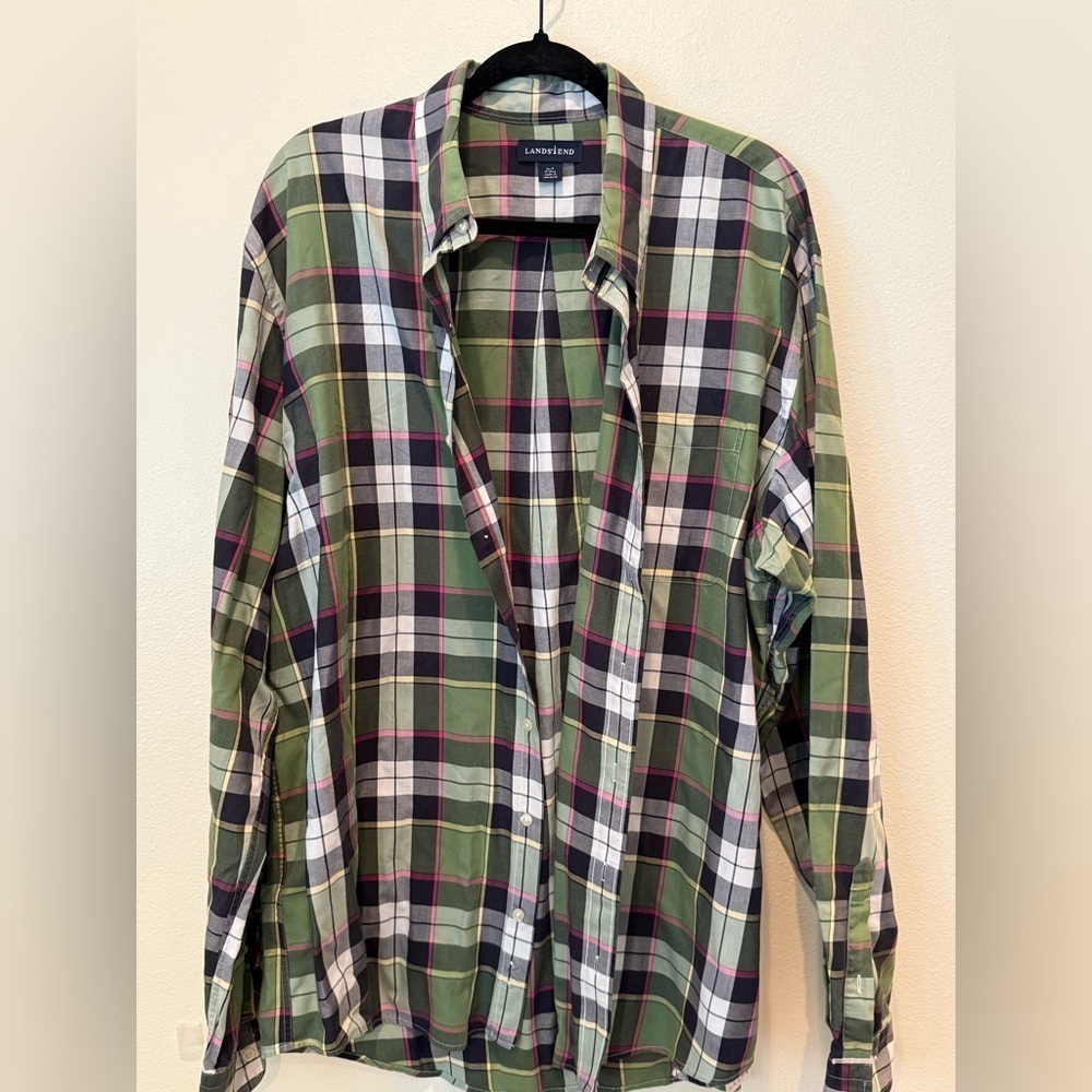 Lands' End Green and White Plaid Men's Shirt